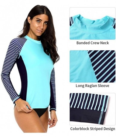 Rash Guards Women's Long Sleeve Rashguard UPF 50 Sun Protection Swimsuit Top Striped Swim Shirts - Light Blue-stripe-navy - C...