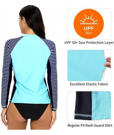 Rash Guards Women's Long Sleeve Rashguard UPF 50 Sun Protection Swimsuit Top Striped Swim Shirts - Light Blue-stripe-navy - C...