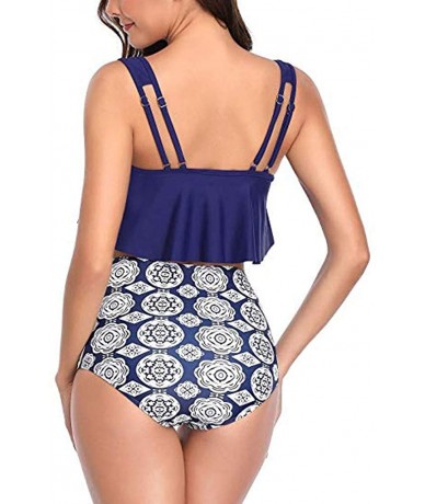 Sets Women's Large Size Ruffled High Waist Print Bikini Tankinis One-Pieces Cover-Ups - Dark Blue - CY18QSDTRYE $28.73