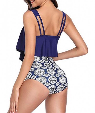 Sets Women's Large Size Ruffled High Waist Print Bikini Tankinis One-Pieces Cover-Ups - Dark Blue - CY18QSDTRYE $28.73