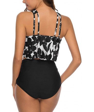 Sets Women Swimsuits Ruffled Racerback Floral Print High Waisted Two Piece Tankini Bathing Suits Top Bottom Bikini Sets - Bla...