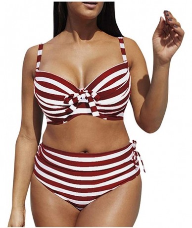 Sets Women Sexy 2 Piece Bikini Set Stripe Bikini Set Swimsuit Sexy Casual High Waist Bikini - Wine - CZ194623ZCQ $26.74