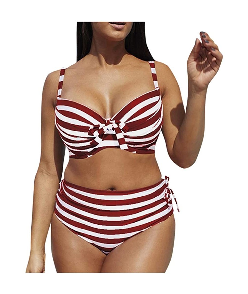 Sets Women Sexy 2 Piece Bikini Set Stripe Bikini Set Swimsuit Sexy Casual High Waist Bikini - Wine - CZ194623ZCQ $26.74