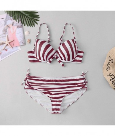 Sets Women Sexy 2 Piece Bikini Set Stripe Bikini Set Swimsuit Sexy Casual High Waist Bikini - Wine - CZ194623ZCQ $26.74