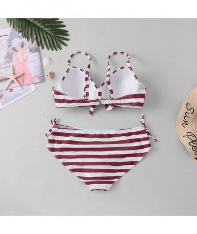 Sets Women Sexy 2 Piece Bikini Set Stripe Bikini Set Swimsuit Sexy Casual High Waist Bikini - Wine - CZ194623ZCQ $26.74