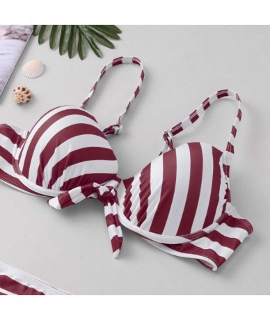 Sets Women Sexy 2 Piece Bikini Set Stripe Bikini Set Swimsuit Sexy Casual High Waist Bikini - Wine - CZ194623ZCQ $26.74