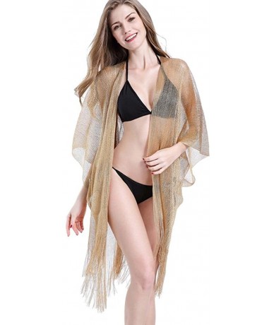 Cover-Ups Women Cover Ups Big Women Swing Tunic Loose Smock Half Sleeve Tassel Beach Cover Up Bikini Swimsuit - Gold - CS18G3...