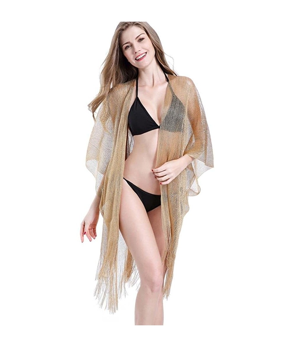 Cover-Ups Women Cover Ups Big Women Swing Tunic Loose Smock Half Sleeve Tassel Beach Cover Up Bikini Swimsuit - Gold - CS18G3...