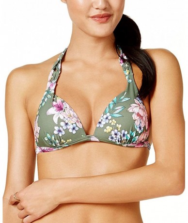 Tops Womens Juniors Floral Halter Bikini Swim Top - Olive - C818NDOLYYM $23.51