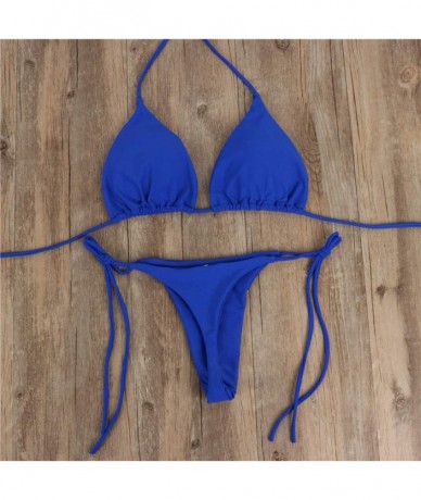 Sets Women's Sexy Halter Side Tie Micro Swimsuit Sexy Halter Thong Bikini Bottom Triangle Bikini Sets - Blue - CI196N35Q32 $3...