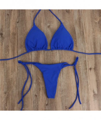 Sets Women's Sexy Halter Side Tie Micro Swimsuit Sexy Halter Thong Bikini Bottom Triangle Bikini Sets - Blue - CI196N35Q32 $3...