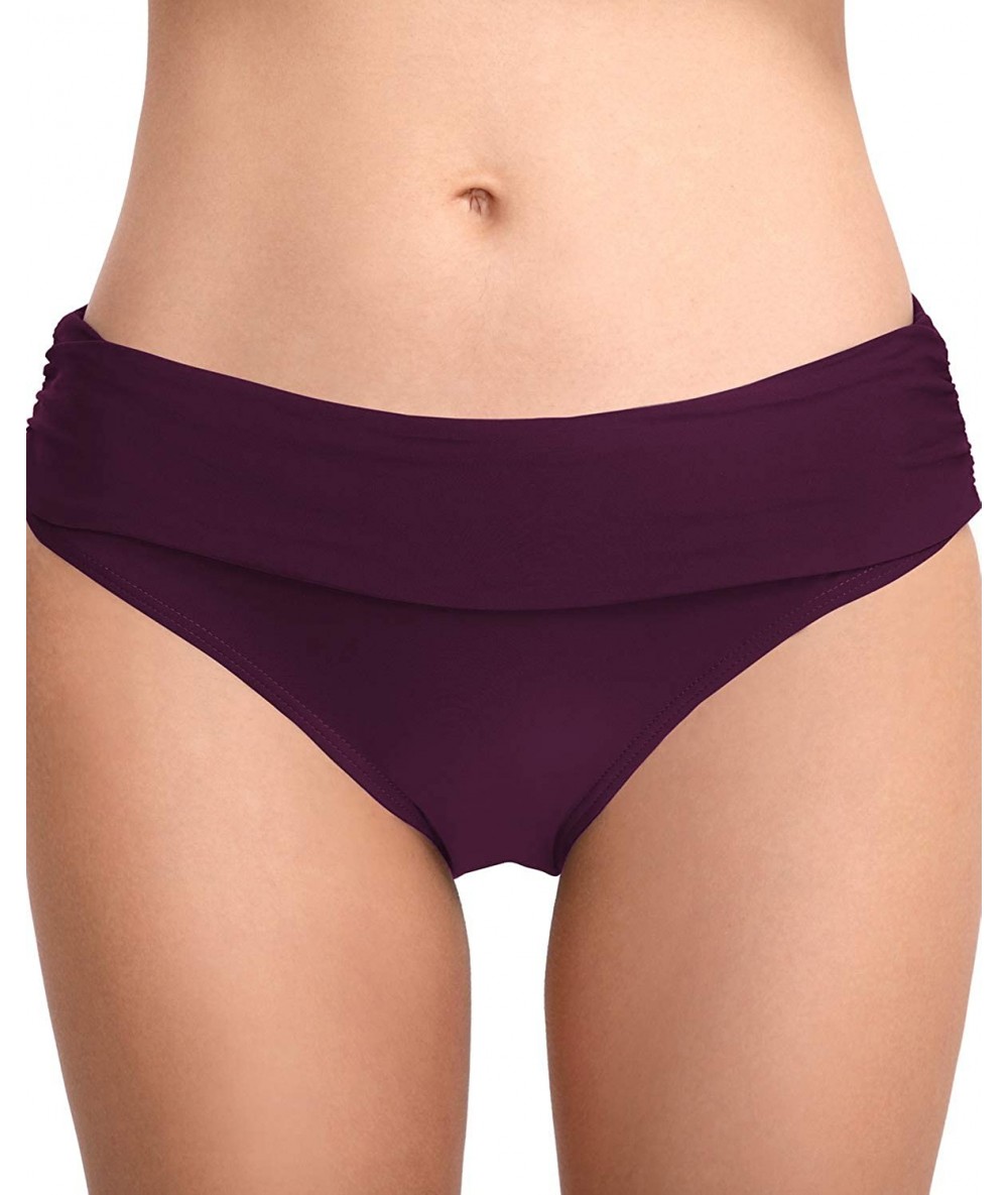 Tankinis Women Solid Color Ruched Side Bikini Bottom Foldable Waistband Swim Shorts - Purple - CK193RTYU9W $28.99