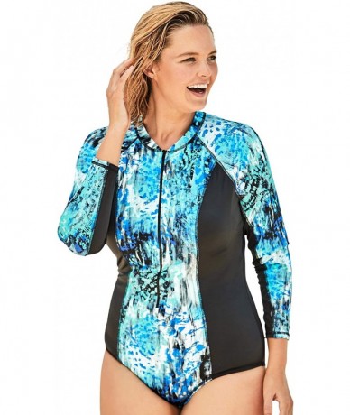 One-Pieces Women's Plus Size Zip-Front Colorblock Swimsuit - Blue Abstract (1287) - CF195SM906Y $77.77