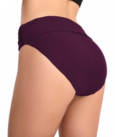 Tankinis Women Solid Color Ruched Side Bikini Bottom Foldable Waistband Swim Shorts - Purple - CK193RTYU9W $28.99