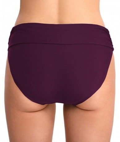 Tankinis Women Solid Color Ruched Side Bikini Bottom Foldable Waistband Swim Shorts - Purple - CK193RTYU9W $28.99