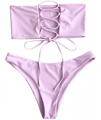 Sets Unlined Lace-up Bandeau Bikini Set Strapless Swimsuit High Cut Bathing Suit - Mauve - CT18SZ07EL8 $38.24