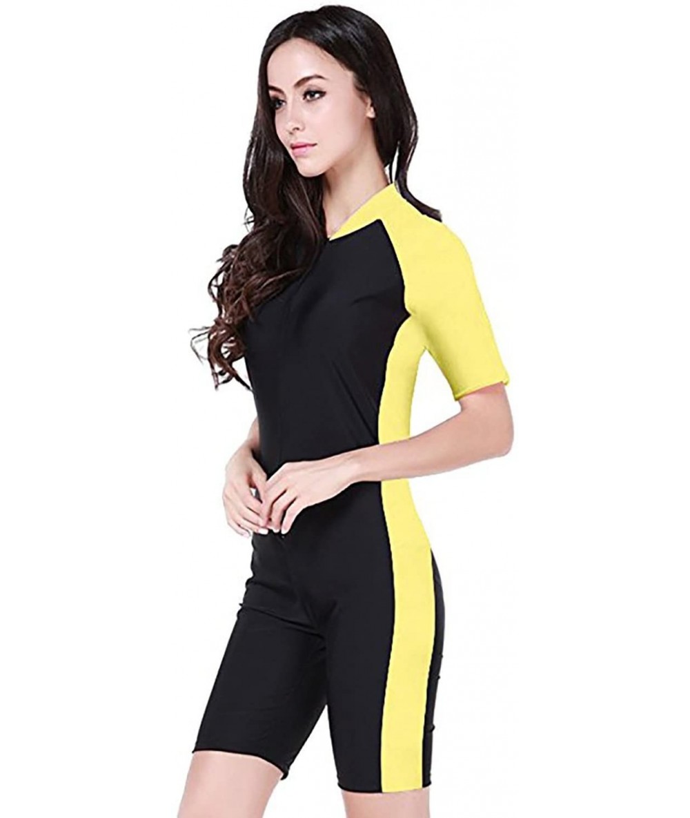 Racing One-Piece Surfing Snorkeling Swimsuit Short Sleeve Swimwear Plus Size - Women black-yellow - C218ERDK6DD $51.28