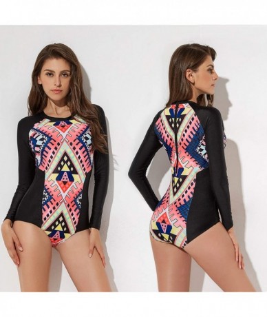 One-Pieces Long Sleeves One Piece Swimsuit Women's Swimwear Surfing Bathing Suit Printed Zip Rash Guard - Geometric - CX18TDZ...