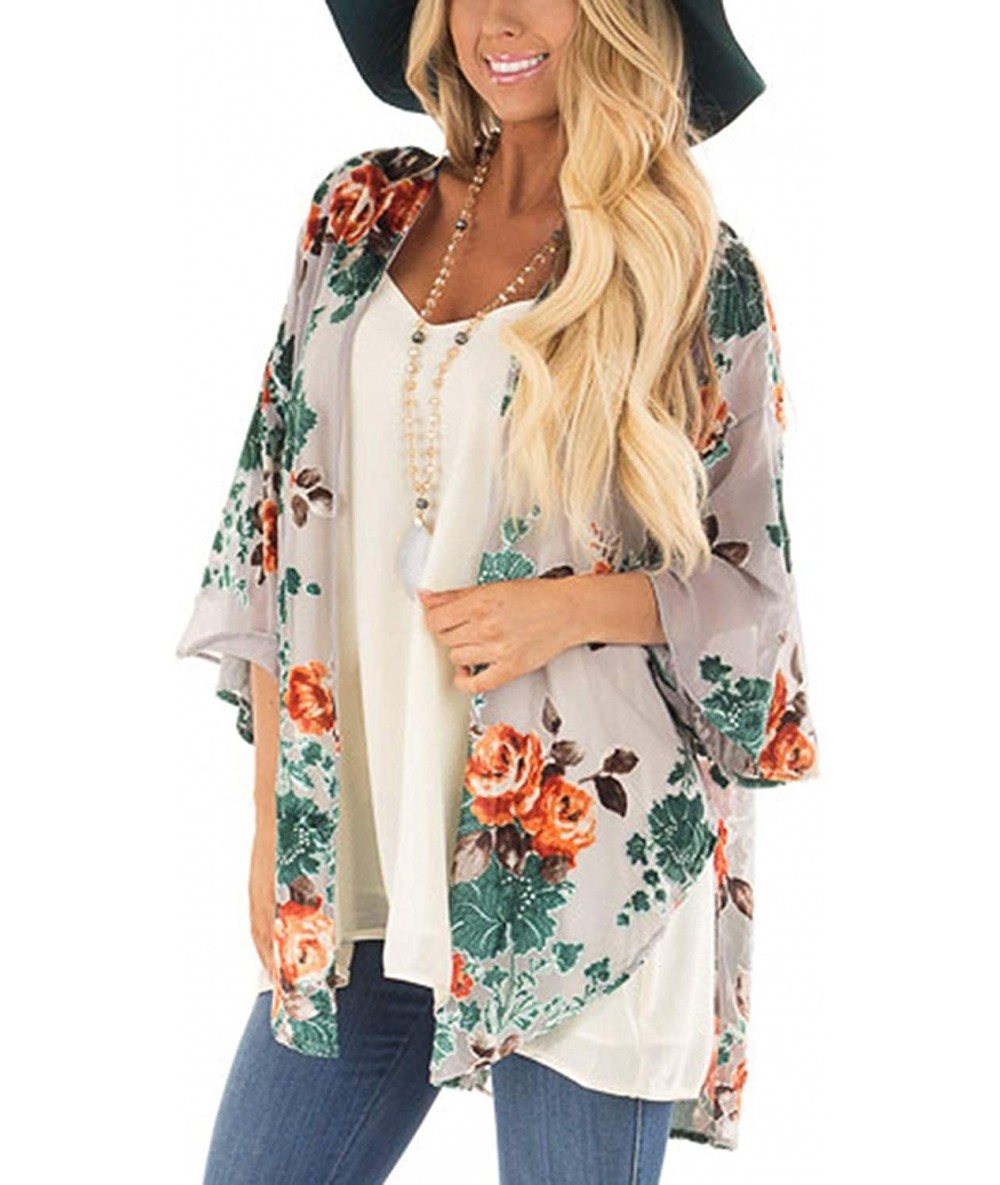 Cover-Ups Womens Floral Print Chiffon Kimono Cardigans Loose Beach Cover Up Puff Sleeve Blouse Tops - Apricot - C218WNC5XKA $...