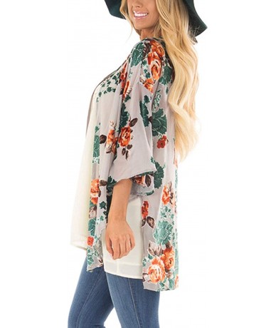 Cover-Ups Womens Floral Print Chiffon Kimono Cardigans Loose Beach Cover Up Puff Sleeve Blouse Tops - Apricot - C218WNC5XKA $...