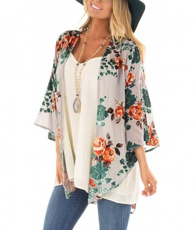 Cover-Ups Womens Floral Print Chiffon Kimono Cardigans Loose Beach Cover Up Puff Sleeve Blouse Tops - Apricot - C218WNC5XKA $...