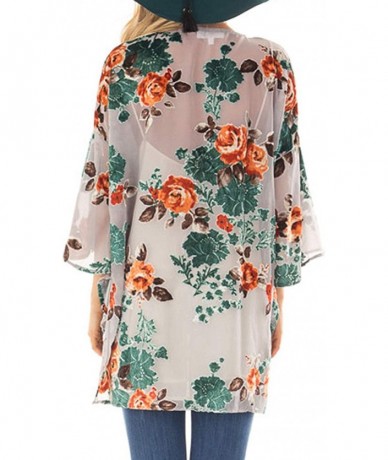 Cover-Ups Womens Floral Print Chiffon Kimono Cardigans Loose Beach Cover Up Puff Sleeve Blouse Tops - Apricot - C218WNC5XKA $...