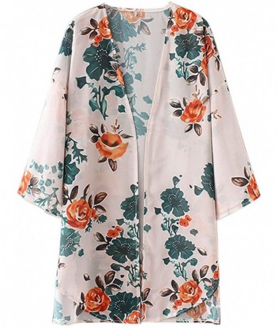 Cover-Ups Womens Floral Print Chiffon Kimono Cardigans Loose Beach Cover Up Puff Sleeve Blouse Tops - Apricot - C218WNC5XKA $...