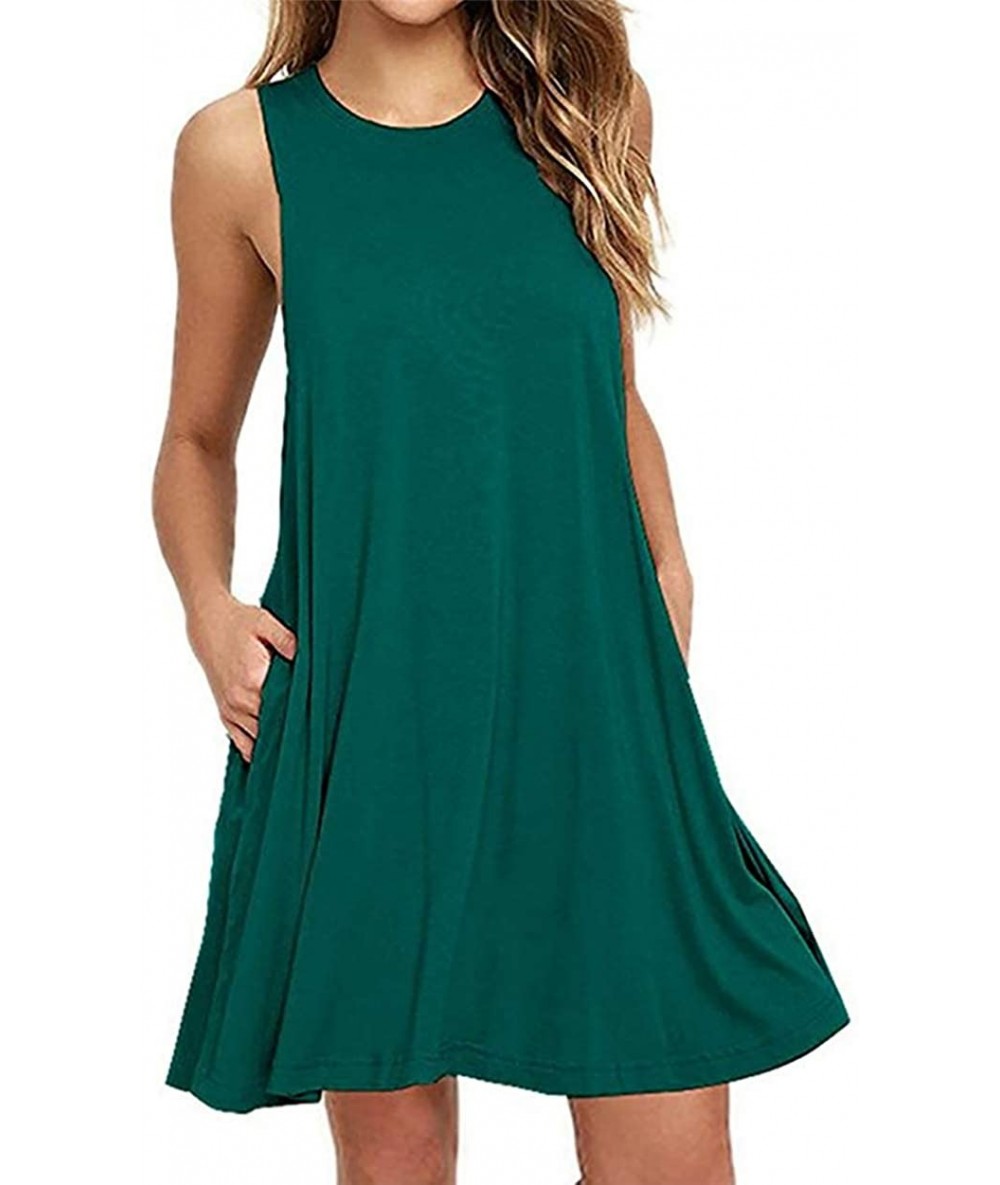 Cover-Ups Womens Sleeveless Summer Beach Dress T Shirt Simple Loose Sundress with Pockets Plus Size S-3XL - Green - CS196I9TL...