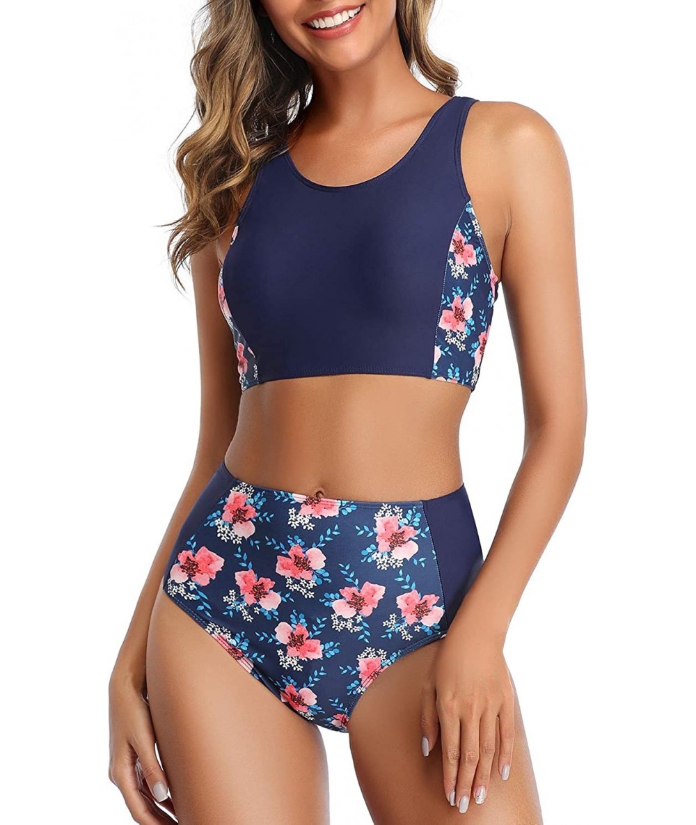 Sets Women High Waisted Bikini Sporty Racerback Retro High Neck Two Piece Swimsuits - Blue Flower - C81935LU0SE $49.02