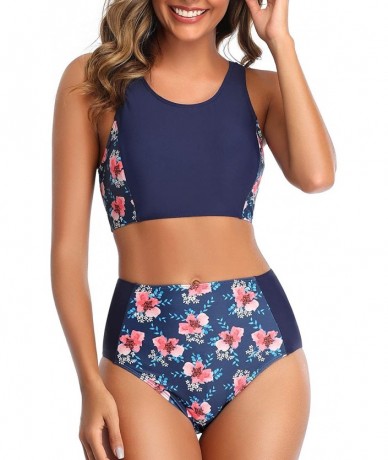 Sets Women High Waisted Bikini Sporty Racerback Retro High Neck Two Piece Swimsuits - Blue Flower - C81935LU0SE $49.02