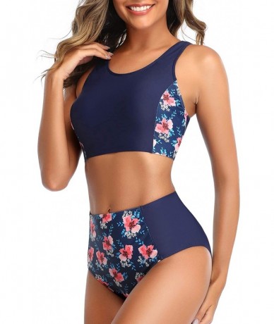 Sets Women High Waisted Bikini Sporty Racerback Retro High Neck Two Piece Swimsuits - Blue Flower - C81935LU0SE $49.02