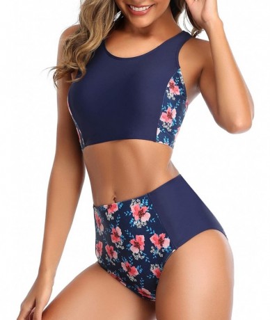 Sets Women High Waisted Bikini Sporty Racerback Retro High Neck Two Piece Swimsuits - Blue Flower - C81935LU0SE $49.02