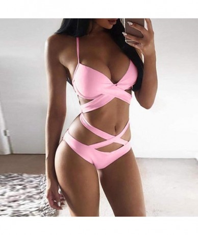 Sets Criss Cross Bikini 2 Piece High Waisted Swimsuit Solid Swimwear Halter Tankini Sexy Cute Bathing Suit Pad - Pink - C5194...