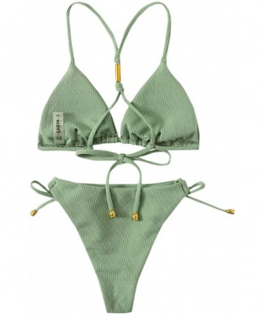 Sets Women's 2 Pieces Solid Drawstring Halter Top with Tie Side Bikini Set - Army Green - CW195UCUXYX $34.95