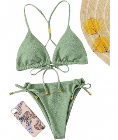 Sets Women's 2 Pieces Solid Drawstring Halter Top with Tie Side Bikini Set - Army Green - CW195UCUXYX $34.95