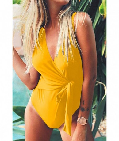 One-Pieces Womens One Piece Swimsuit Tie Knot Tummy Control Bathing Suit Padded High Cut Swimwear Bowknot - Yellow - CU1963AH...