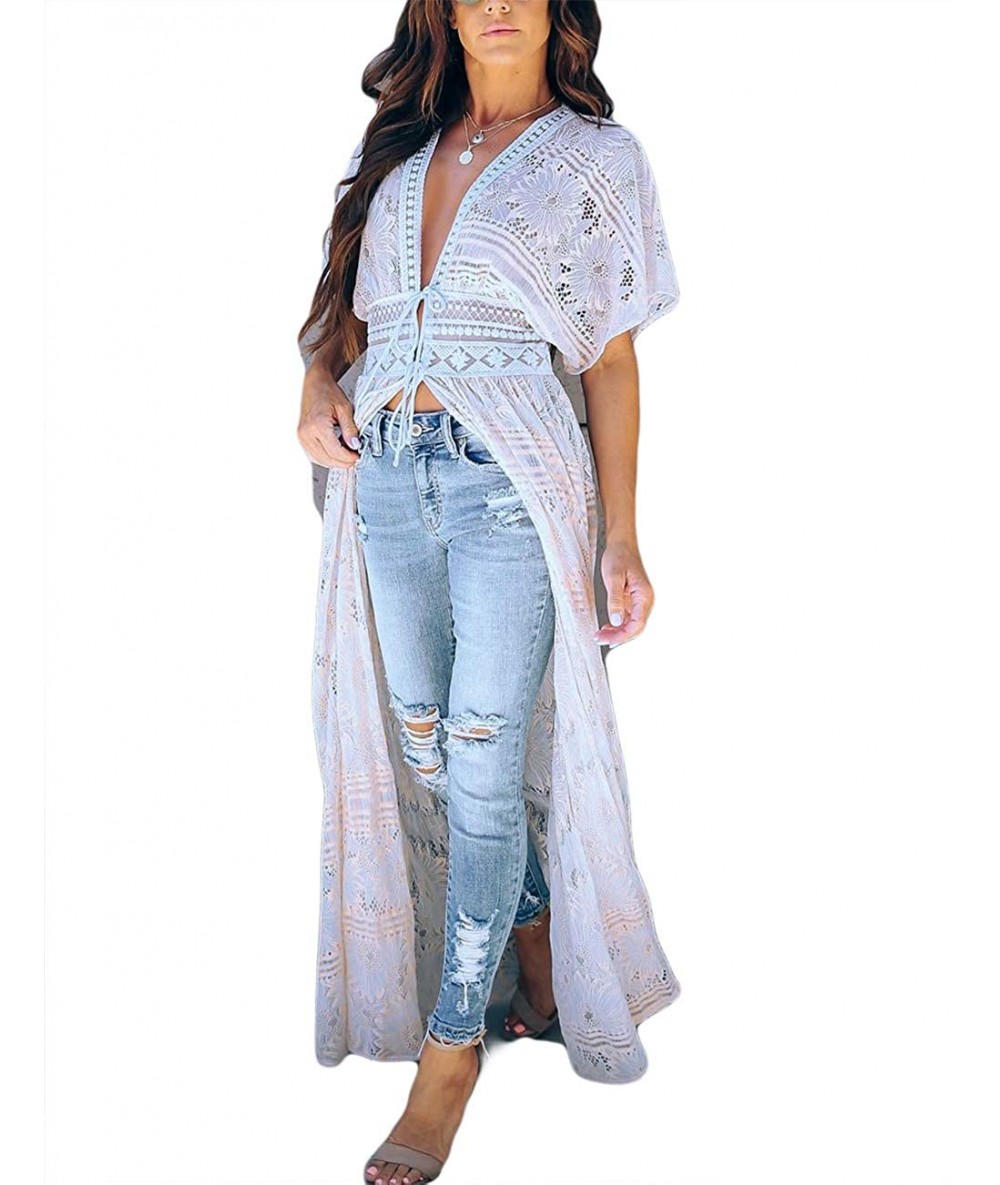 Cover-Ups Women Sexy Open Front Beach Cover Up See Through Kimono Cardigan - White 3 - CW18WMMZE3A $41.96