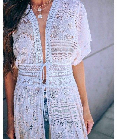 Cover-Ups Women Sexy Open Front Beach Cover Up See Through Kimono Cardigan - White 3 - CW18WMMZE3A $41.96