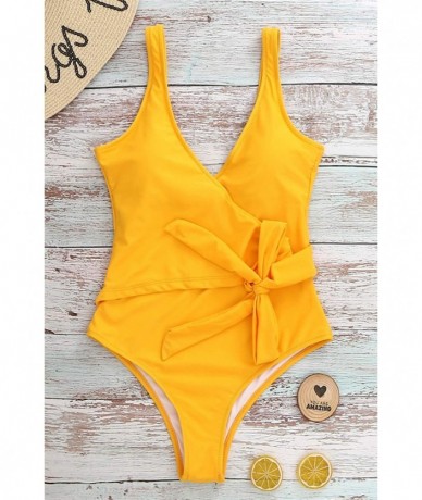 One-Pieces Womens One Piece Swimsuit Tie Knot Tummy Control Bathing Suit Padded High Cut Swimwear Bowknot - Yellow - CU1963AH...