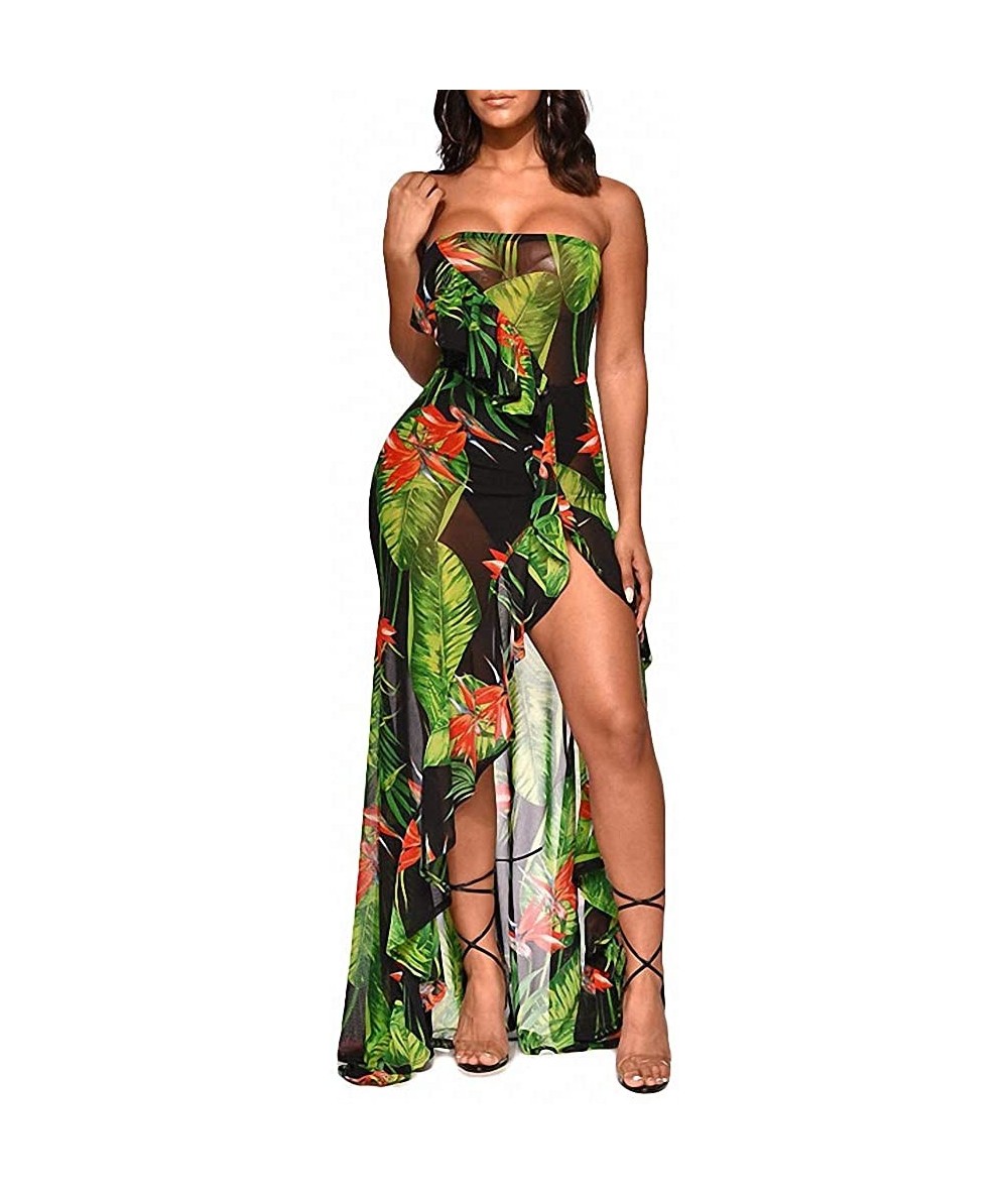 Cover-Ups Women Sexy Strapless Floral Leaf Print See Through Mesh Ruffle Hight Split Beach Long Maxi Dress Sundress Yellow - ...