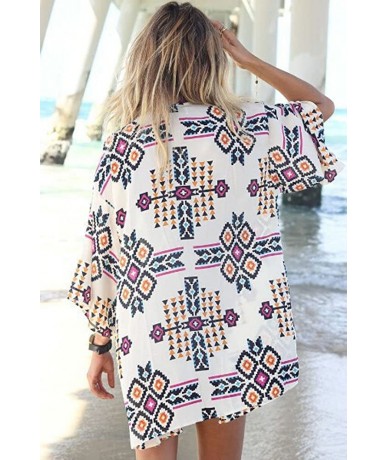 Cover-Ups Women Chiffon Printed Cardigan Kimono Robe Tops Beach Bikini Cover up Blouse - Argyle Pattern - C5123APJ2YH $27.75