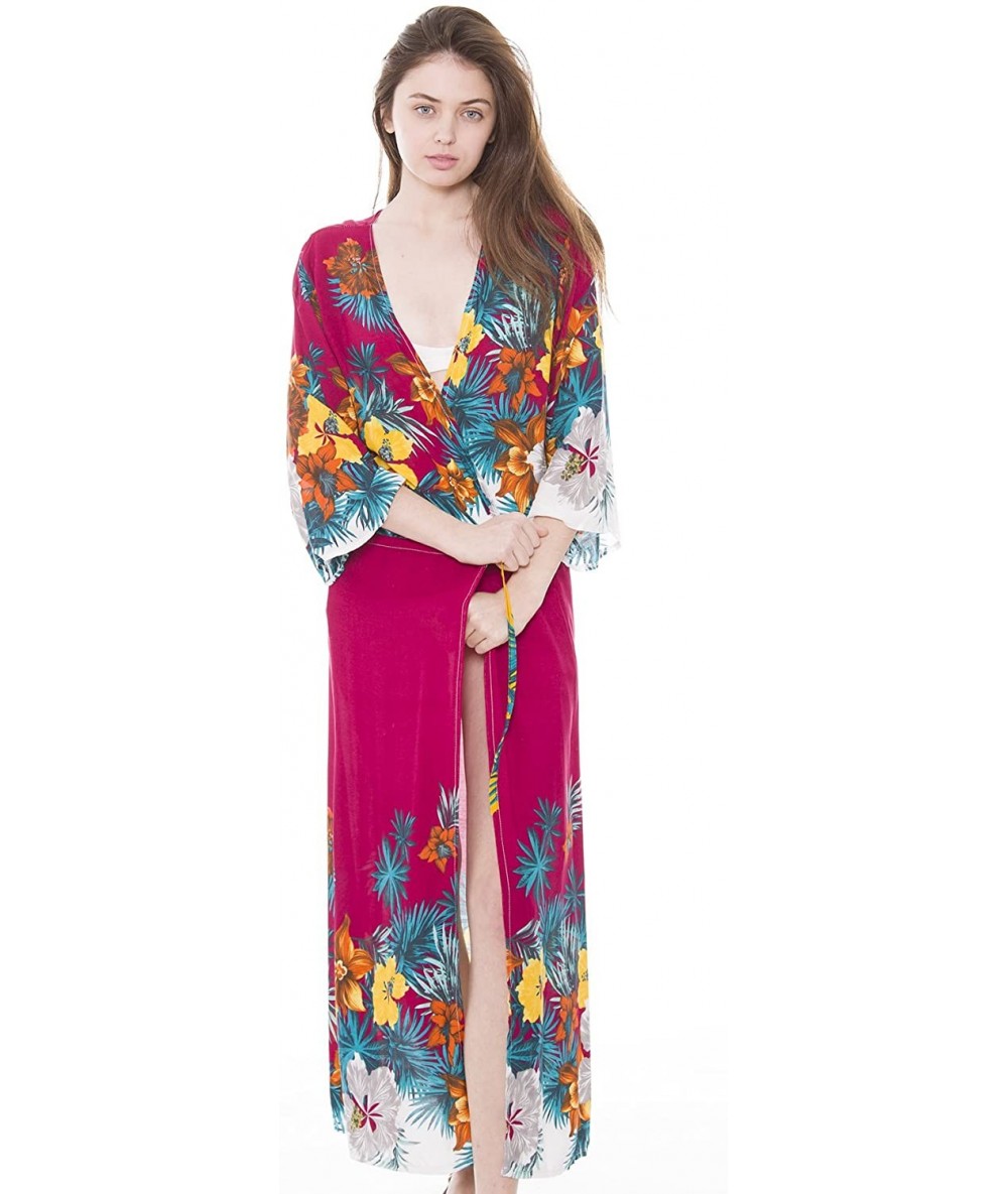 Cover-Ups Womens Soft Beautiful Printed Open Front Long Kimono Robe Beach Coverup - Fuchsia Floral Fantasy - CH180Z8DHL8 $44.27