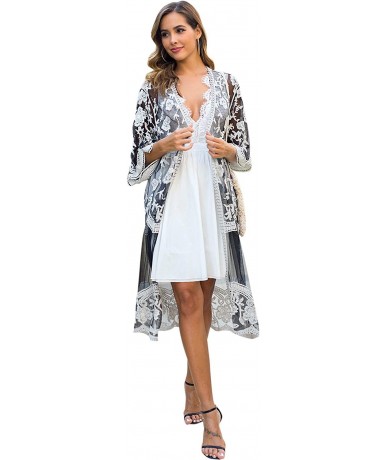 Cover-Ups Women's Casual Lace Flowy Kimono Long Cardigan Beach Bikini Cover Ups - Hs3003 Black - C0197ZK47IQ $43.61