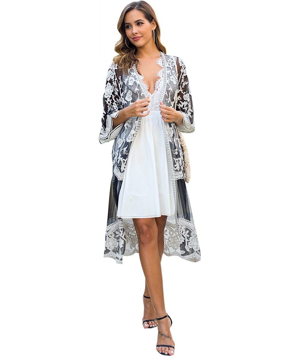 Cover-Ups Women's Casual Lace Flowy Kimono Long Cardigan Beach Bikini Cover Ups - Hs3003 Black - C0197ZK47IQ $43.61