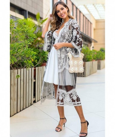 Cover-Ups Women's Casual Lace Flowy Kimono Long Cardigan Beach Bikini Cover Ups - Hs3003 Black - C0197ZK47IQ $43.61