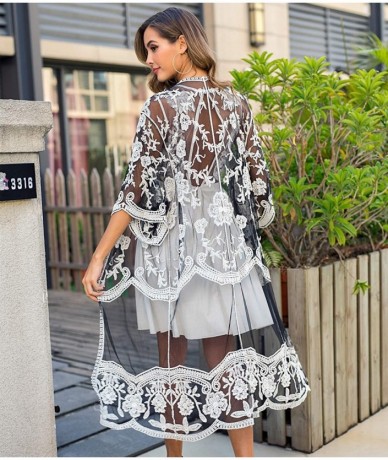 Cover-Ups Women's Casual Lace Flowy Kimono Long Cardigan Beach Bikini Cover Ups - Hs3003 Black - C0197ZK47IQ $43.61