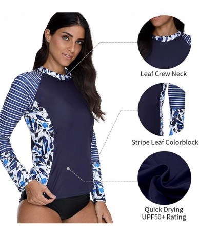 Rash Guards Women's UPF 50+ Long Sleeve Rash Guard Colorblock Swim Shirts Printed UV Shirts - Navy Stripe Leaves - CN18EL05W0...