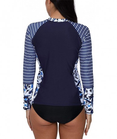 Rash Guards Women's UPF 50+ Long Sleeve Rash Guard Colorblock Swim Shirts Printed UV Shirts - Navy Stripe Leaves - CN18EL05W0...