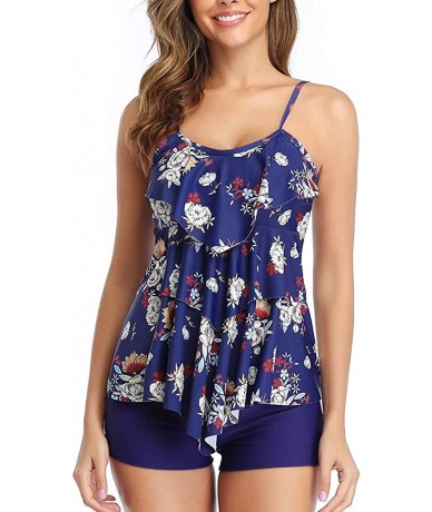 Tankinis Women's Flounce Tankini Ruffled Swimsuits for Women Three-Layer Printed Tummy Control Swimwear - Blue Floral - CS196...