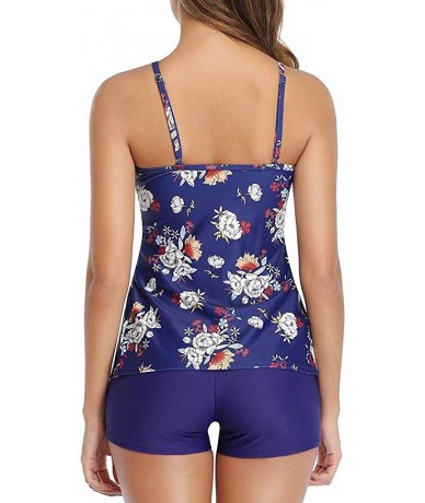 Tankinis Women's Flounce Tankini Ruffled Swimsuits for Women Three-Layer Printed Tummy Control Swimwear - Blue Floral - CS196...